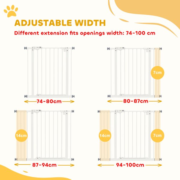 PawHut Adjustable Dog Gate, Metal Safety Barrier for Pets, Extends 74-100cm Wide, Easy Install, White Aosom UK