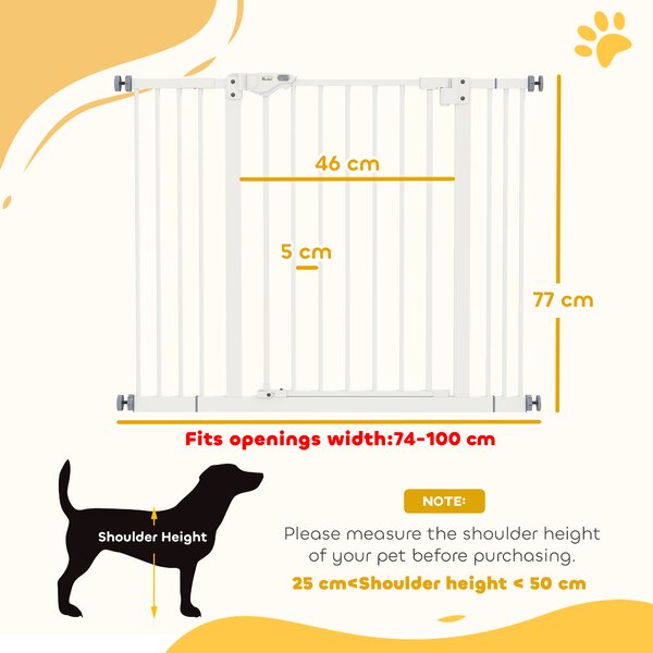 PawHut Adjustable Dog Gate, Metal Safety Barrier for Pets, Extends 74-100cm Wide, Easy Install, White Aosom UK