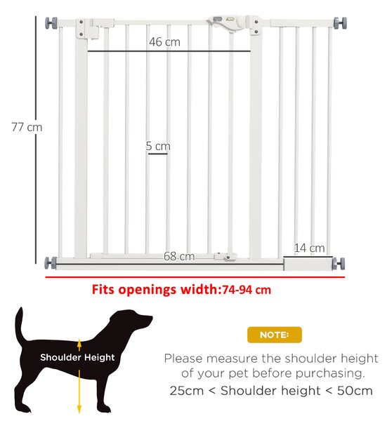 PawHut Flexible Pet Gate: Adjustable Metal Barrier for Dogs, 74-94cm Width, Secure Fit, White Aosom UK