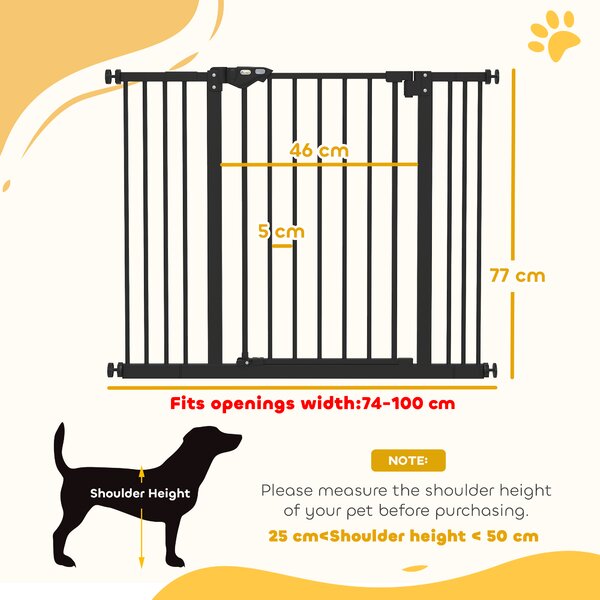 PawHut Dog Gate for Stairs Dog Gate Pet Gate with Openable Metal Frame, for Doorways, Corridors, Staircases, 74-100Wcm, Black Aosom UK