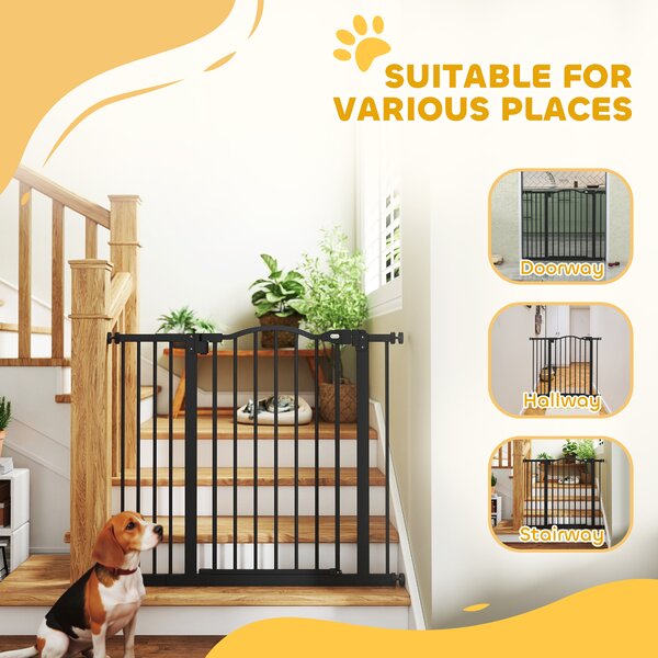 PawHut Metal 74-94cm Adjustable Pet Gate Safety Barrier w/ Auto-Close Door Black Aosom UK