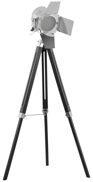 HOMCOM Industrial Tripod Floor Lamp, Nautical Cinema Standing Spotlight with Wood Legs and Adjustable Height for Living Room, Bedroom, Black and Silver