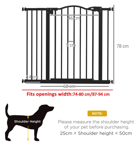 PawHut Metal 74-94cm Adjustable Pet Gate Safety Barrier w/ Auto-Close Door Black Aosom UK