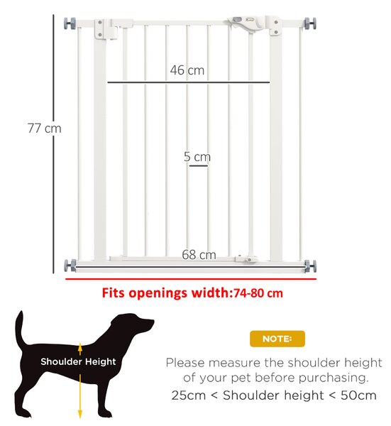 PawHut Adjustable Pet Gate: Metal Safety Barrier for Dogs, 74-80cm Width, Easy Installation, White Aosom UK
