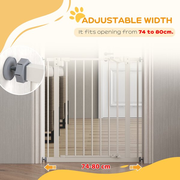 PawHut Adjustable Pet Gate: Metal Safety Barrier for Dogs, 74-80cm Width, Easy Installation, White Aosom UK