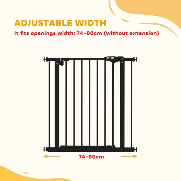 PawHut Adjustable Metal Dog Gate, Safety Barrier for Pets, 74-80cm Wide, Easy Installation, Black Aosom UK