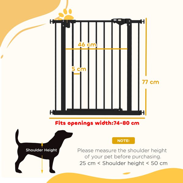 PawHut Adjustable Metal Dog Gate, Safety Barrier for Pets, 74-80cm Wide, Easy Installation, Black Aosom UK