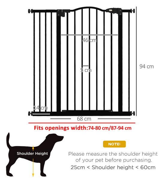PawHut Adjustable Safety Barrier, Metal Pet Gate with Auto-Lock & No-Drill Installation, for Doorways & Stairways, 74-94cm, Black Aosom UK