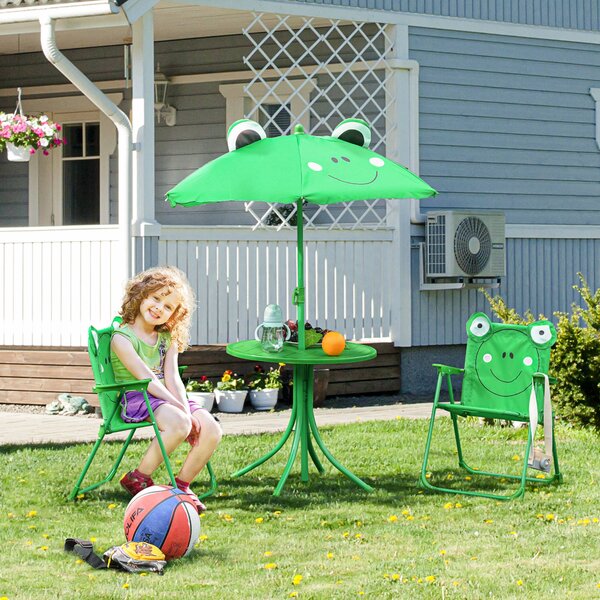 Outsunny Kids Folding Picnic Table and Chair Set Frog Pattern with Removable & Height Adjustable Sun Umbrella, Green