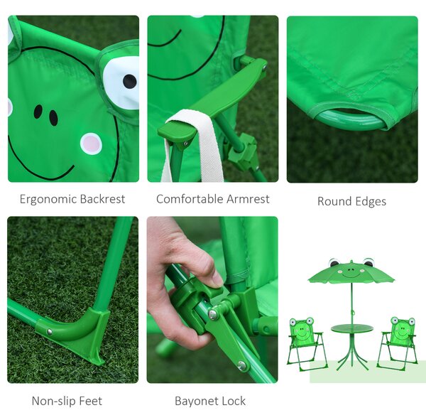 Outsunny Kids Folding Picnic Table and Chair Set Frog Pattern with Removable & Height Adjustable Sun Umbrella, Green