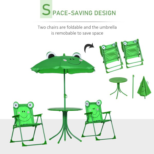 Outsunny Kids Folding Picnic Table and Chair Set Frog Pattern with Removable & Height Adjustable Sun Umbrella, Green