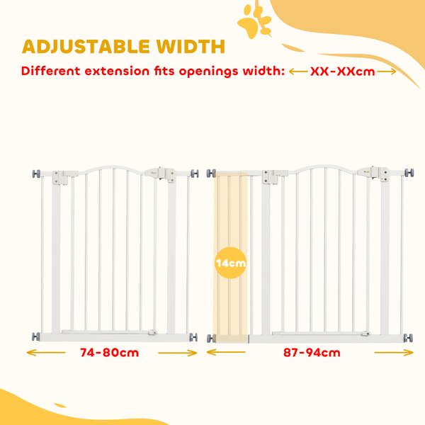 PawHut Adjustable Safety Pet Gate, Metal, Auto-Close Feature, Pressure Mount, 74-94cm, White Aosom UK