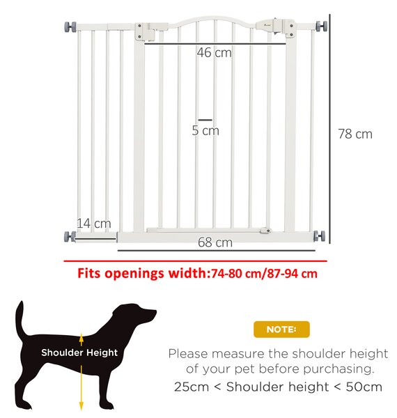 PawHut Adjustable Safety Pet Gate, Metal, Auto-Close Feature, Pressure Mount, 74-94cm, White Aosom UK