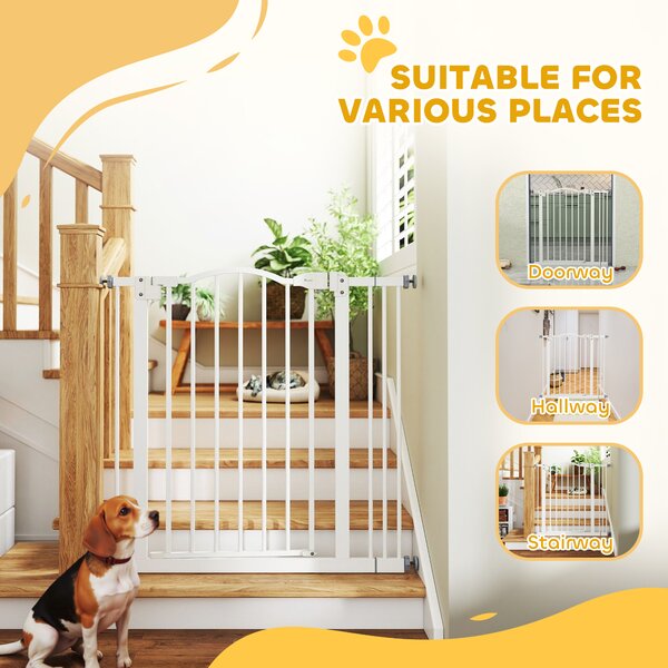 PawHut Metal 74-87cm Adjustable Pet Gate Safety Barrier w/ Auto-Close Door White Aosom UK