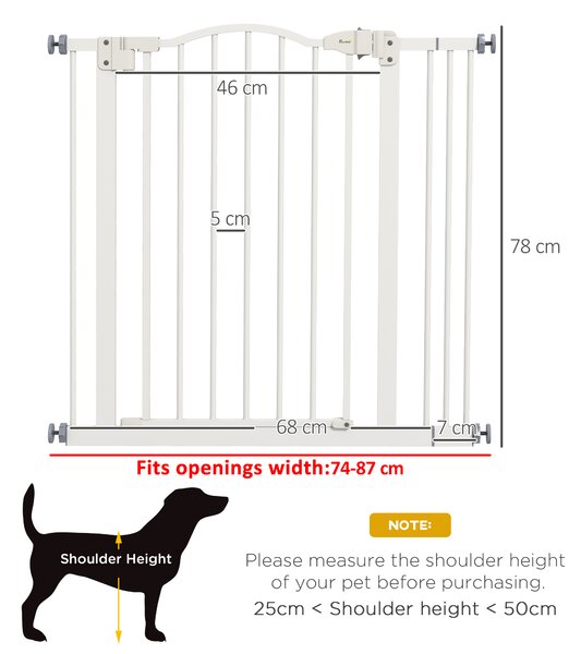PawHut Metal 74-87cm Adjustable Pet Gate Safety Barrier w/ Auto-Close Door White Aosom UK