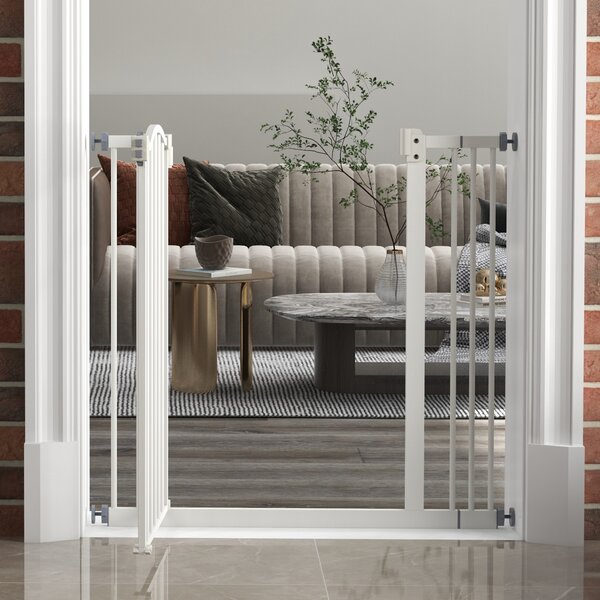 PawHut Metal 74-87cm Adjustable Pet Gate Safety Barrier w/ Auto-Close Door White Aosom UK
