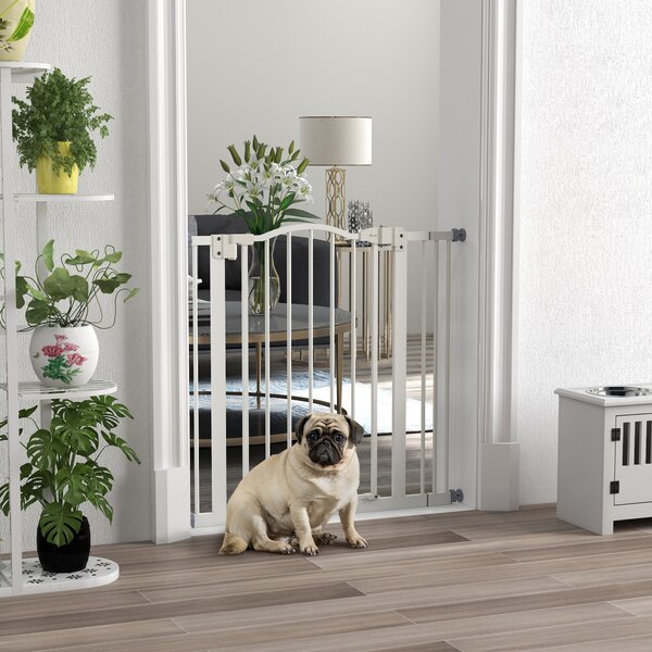 PawHut Metal 74-87cm Adjustable Pet Gate Safety Barrier w/ Auto-Close Door White Aosom UK