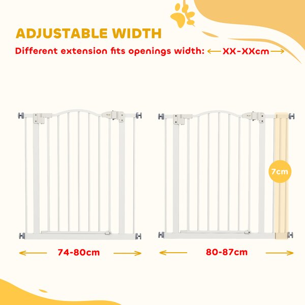 PawHut Metal 74-87cm Adjustable Pet Gate Safety Barrier w/ Auto-Close Door White Aosom UK
