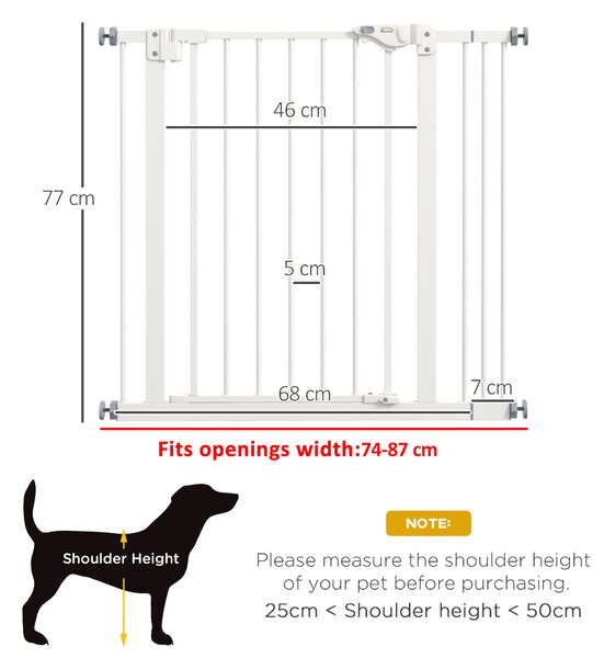 PawHut Metal 74-87cm Wide Adjustable Dog Gate White Aosom UK
