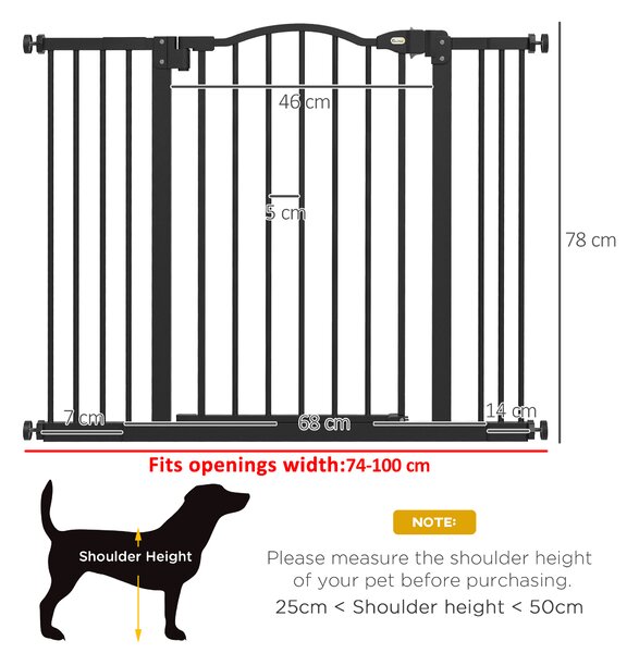 PawHut Metal 74-100cm Adjustable Pet Gate Safety Barrier w/ Auto-Close Door Black Aosom UK