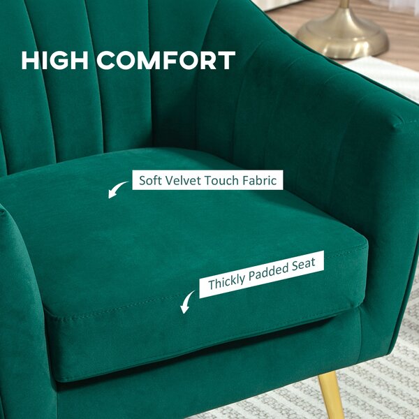 HOMCOM Velvet-Feel Tub Armchair, with Gold Tone Legs - Green