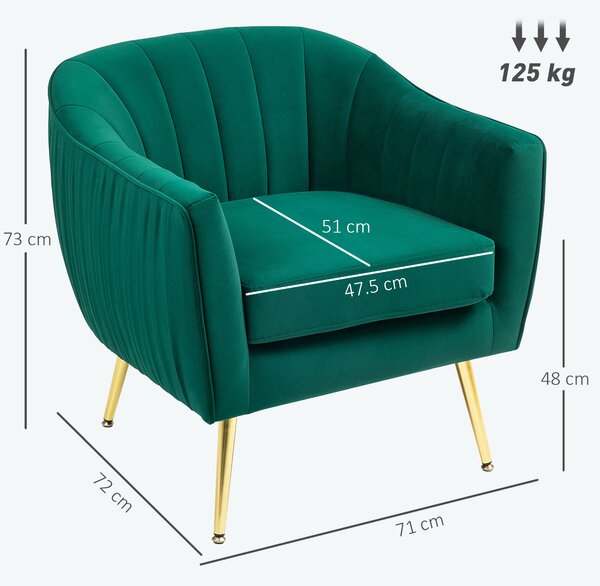 HOMCOM Velvet-Feel Tub Armchair, with Gold Tone Legs - Green