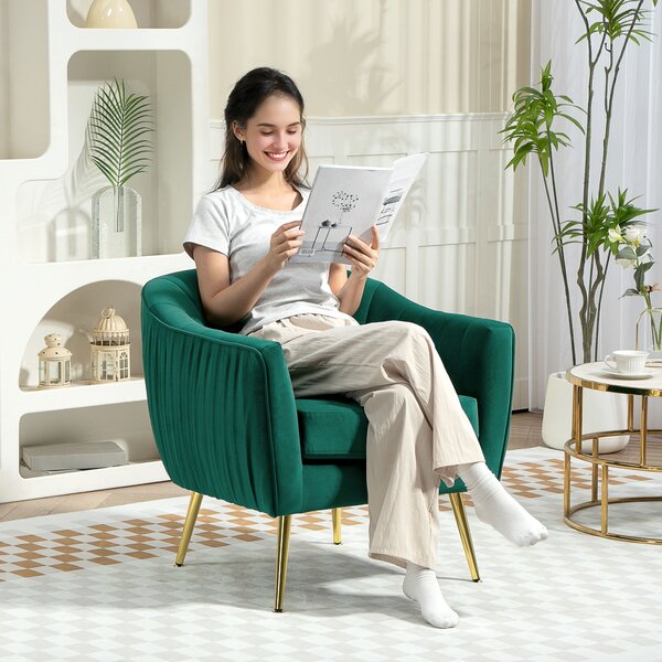 HOMCOM Velvet-Feel Tub Armchair, with Gold Tone Legs - Green