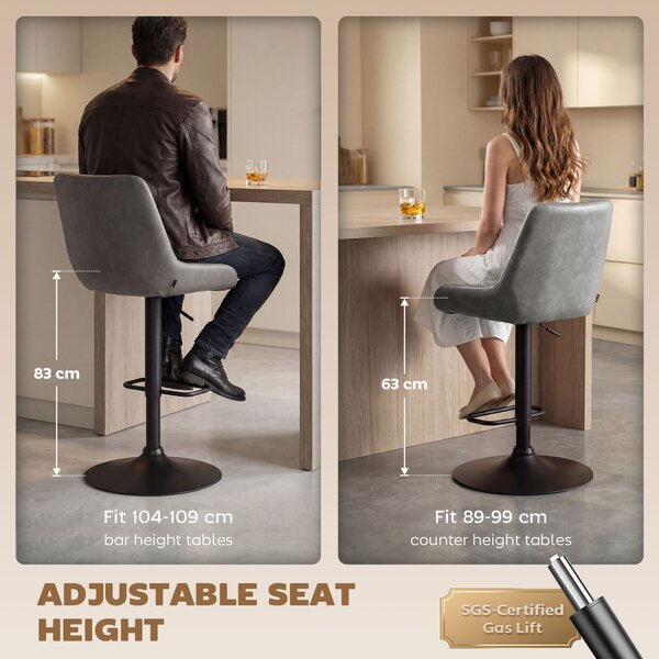 HOMCOM Retro Bar Stools Set of 2, Adjustable Kitchen Stool, Upholstered Bar Chairs with Back, Swivel Seat, Dark Grey