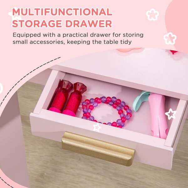 HOMCOM Kids Dressing Table with Mirror and Stool, Kids Vanity Set, Girl Makeup Desk with Drawer for 3-6 Years Old Children, Pink Aosom UK