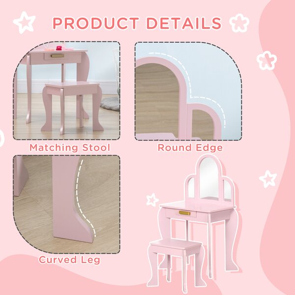 HOMCOM Kids Dressing Table with Mirror and Stool, Kids Vanity Set, Girl Makeup Desk with Drawer for 3-6 Years Old Children, Pink Aosom UK