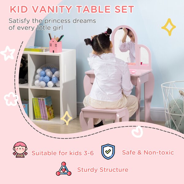 HOMCOM Kids Dressing Table with Mirror and Stool, Kids Vanity Set, Girl Makeup Desk with Drawer for 3-6 Years Old Children, Pink Aosom UK