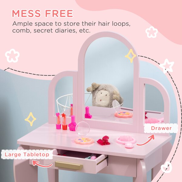 HOMCOM Kids Dressing Table with Mirror and Stool, Kids Vanity Set, Girl Makeup Desk with Drawer for 3-6 Years Old Children, Pink Aosom UK
