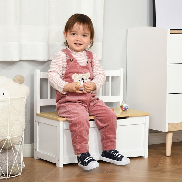 HOMCOM 2-IN-1 Wooden Toy Box Seat Bench Storage Chest Cabinet Organizer with Safety Pneumatic Rod 60 x 30 x 50cm White