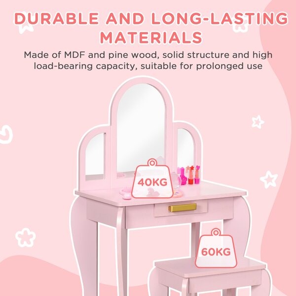 HOMCOM Kids Dressing Table with Mirror and Stool, Kids Vanity Set, Girl Makeup Desk with Drawer for 3-6 Years Old Children, Pink Aosom UK