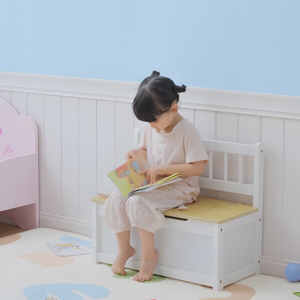 HOMCOM 2-IN-1 Wooden Toy Box Seat Bench Storage Chest Cabinet Organizer with Safety Pneumatic Rod 60 x 30 x 50cm White