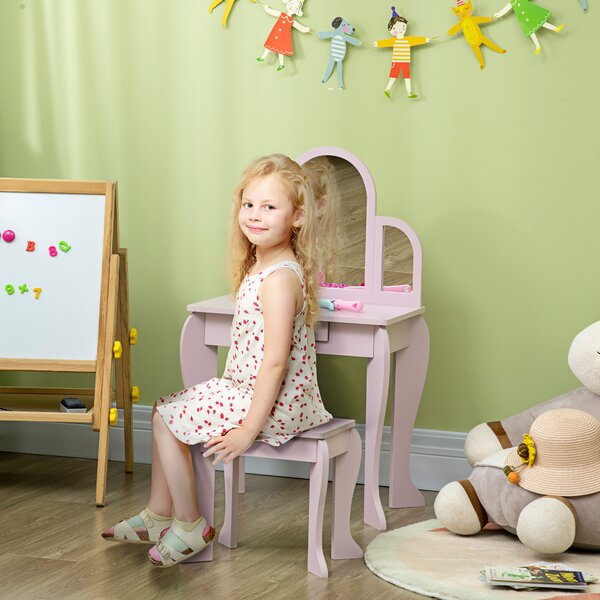 HOMCOM Kids Dressing Table with Mirror and Stool, Kids Vanity Set, Girl Makeup Desk with Drawer for 3-6 Years Old Children, Pink Aosom UK