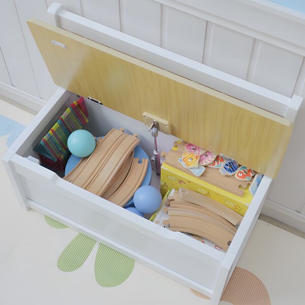 HOMCOM 2-IN-1 Wooden Toy Box Seat Bench Storage Chest Cabinet Organizer with Safety Pneumatic Rod 60 x 30 x 50cm White