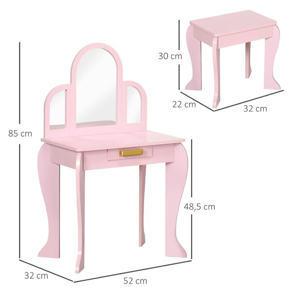 HOMCOM Kids Dressing Table with Mirror and Stool, Kids Vanity Set, Girl Makeup Desk with Drawer for 3-6 Years Old Children, Pink Aosom UK