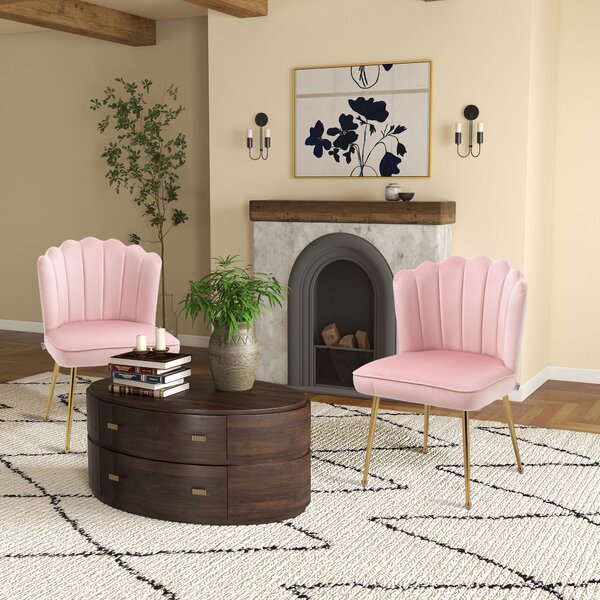 HOMCOM Shell Luxe Velvet Accent Chair, Modern Living Room Chair with Gold Metal Legs for Living Room, Bedroom, Home Office, Set of 2, Pink Aosom UK