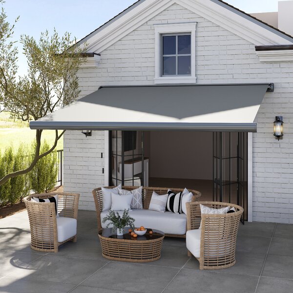 Outsunny Cassette Electric Motorised Manual Awning Door Window Patio Canopy Retractable Sun Shade w/ R/C, 350x300cm Grey