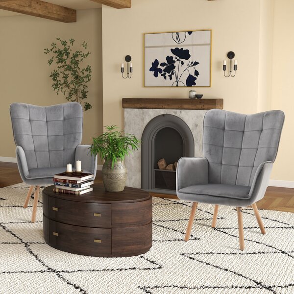 HOMCOM Plush Velveteen Armchairs: Tufted Wingback Duo for Lounging Luxury, Wooden Legs, Slate Grey