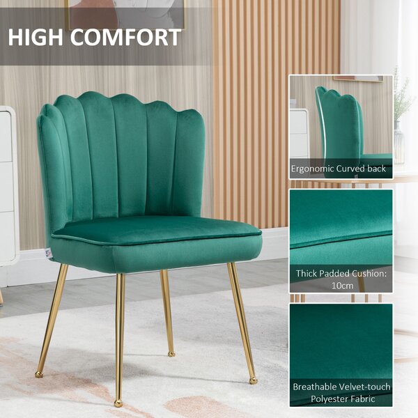 HOMCOM Shell Luxe Velvet Accent Chair, Modern Living Room Chair with Gold Metal Legs for Living Room, Bedroom, Home Office, Set of 2, Green Aosom UK