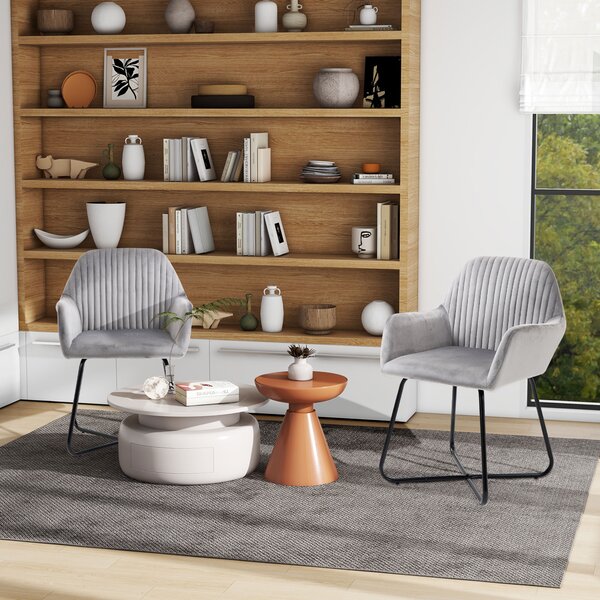 HOMCOM Set of 2, Contemporary Accent Chair, Soft Velvet Fabric Armchair with Durable Metal Base, for Lounge or Reception, Grey Aosom UK