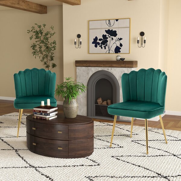 HOMCOM Shell Luxe Velvet Accent Chair, Modern Living Room Chair with Gold Metal Legs for Living Room, Bedroom, Home Office, Set of 2, Green Aosom UK
