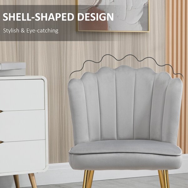 HOMCOM Shell Luxe Velvet Accent Chair, Modern Living Room Chair with Gold Metal Legs for Living Room, Bedroom, Home Office, Set of 2, Grey Aosom UK