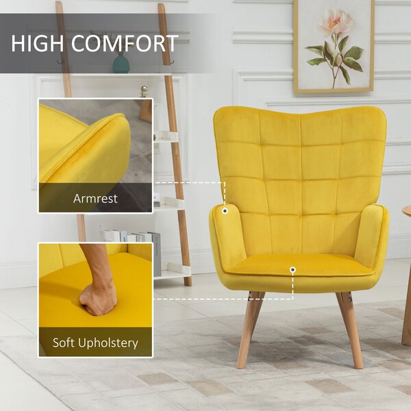 HOMCOM Modern Accent Chair Velvet-Touch Tufted Wingback Armchair Upholstered Leisure Lounge Sofa w/ Wood Legs, Set of 2, Yellow Aosom UK
