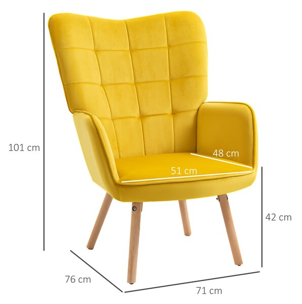 HOMCOM Modern Accent Chair Velvet-Touch Tufted Wingback Armchair Upholstered Leisure Lounge Sofa w/ Wood Legs, Set of 2, Yellow Aosom UK