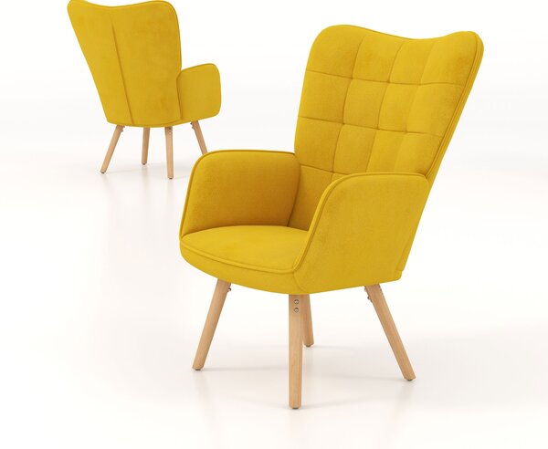 HOMCOM Modern Accent Chair Velvet-Touch Tufted Wingback Armchair Upholstered Leisure Lounge Sofa w/ Wood Legs, Set of 2, Yellow Aosom UK