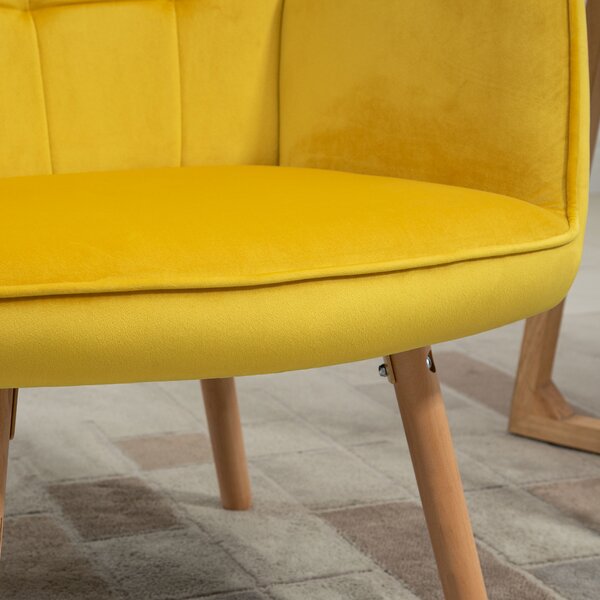 HOMCOM Modern Accent Chair Velvet-Touch Tufted Wingback Armchair Upholstered Leisure Lounge Sofa w/ Wood Legs, Set of 2, Yellow Aosom UK