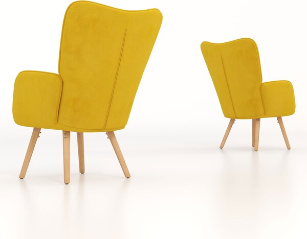 HOMCOM Modern Accent Chair Velvet-Touch Tufted Wingback Armchair Upholstered Leisure Lounge Sofa w/ Wood Legs, Set of 2, Yellow Aosom UK